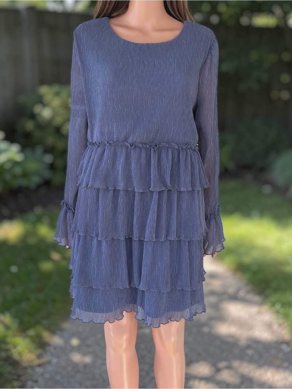 Lulus NWT Dusty Blue Tiered Chiffon Mini Dress Sheer Bell Sleeve M